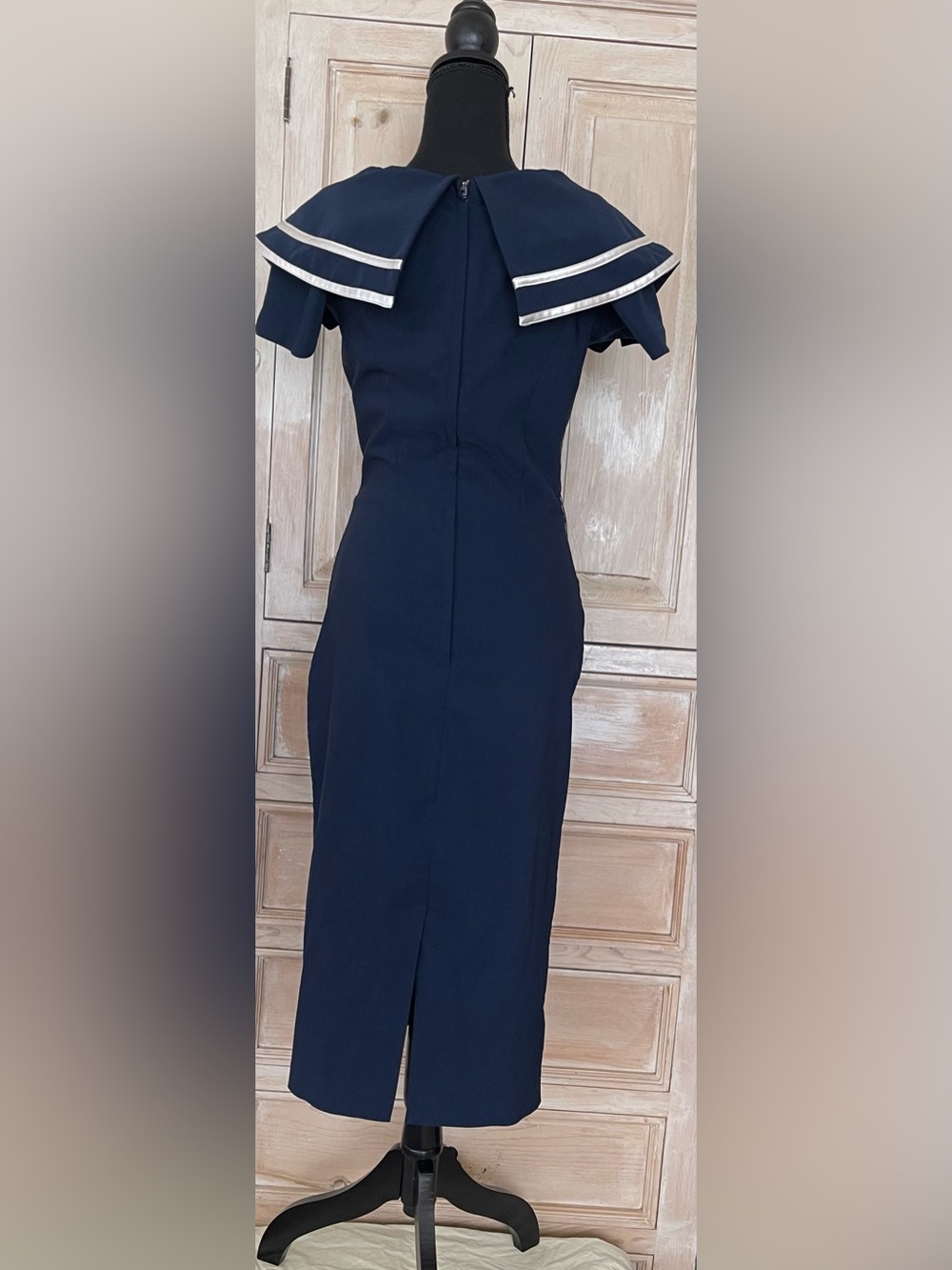 Bettie Page Navy Blue Sailor Captain Wiggle Pencil Dress White Zigzag Trim Sz L - Picture 2 of 4